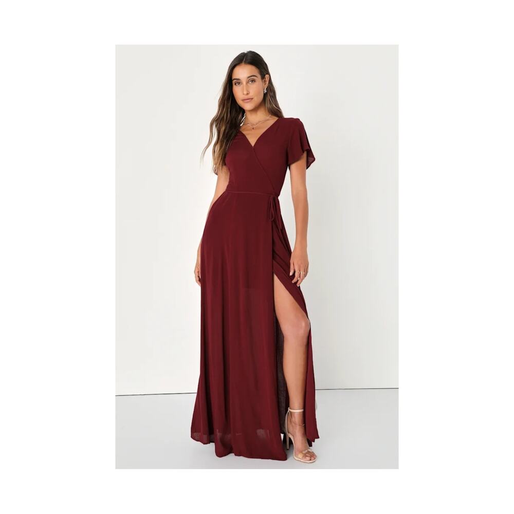 LULU'S Heart Of Marigold Maxi Wrap Dress Burgundy Size Small